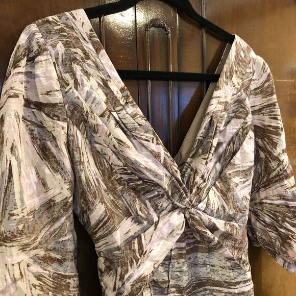 BCBG Max Azria Brown V Neck Blouse w/ Tie Detail and Exposed Zipper size Small - Picture 6 of 12